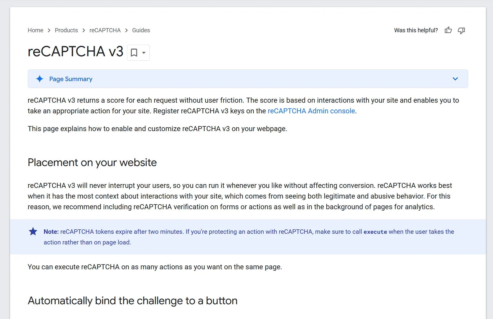 Screenshot from Google Developer documentation on reCAPTCHA v3